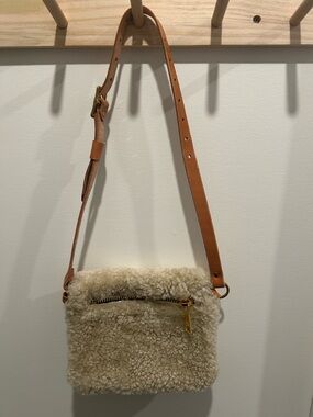 Cream Shearling Crossbody Bag with Tan Leather Strap